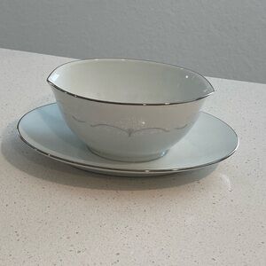 Noritake White and Silver Gravy Boat with Saucer